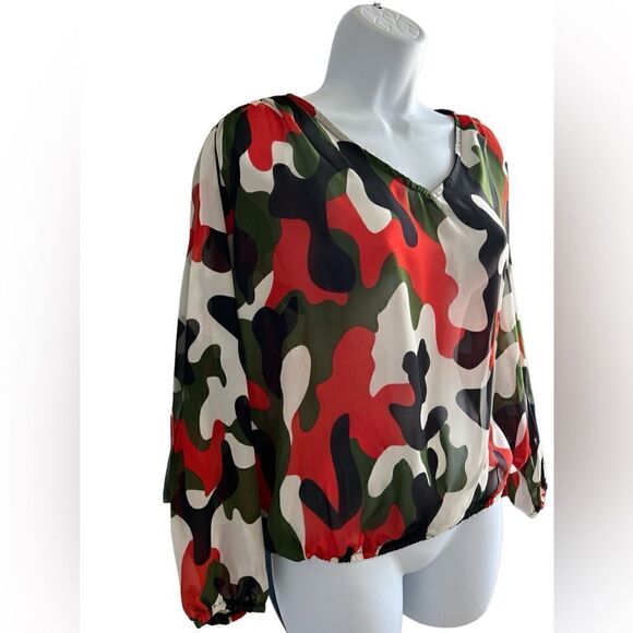 Camouflage Pattern Women Mesh Shirt, Long Sleeve Top, See Through Shirt Size M - Picture 3 of 6